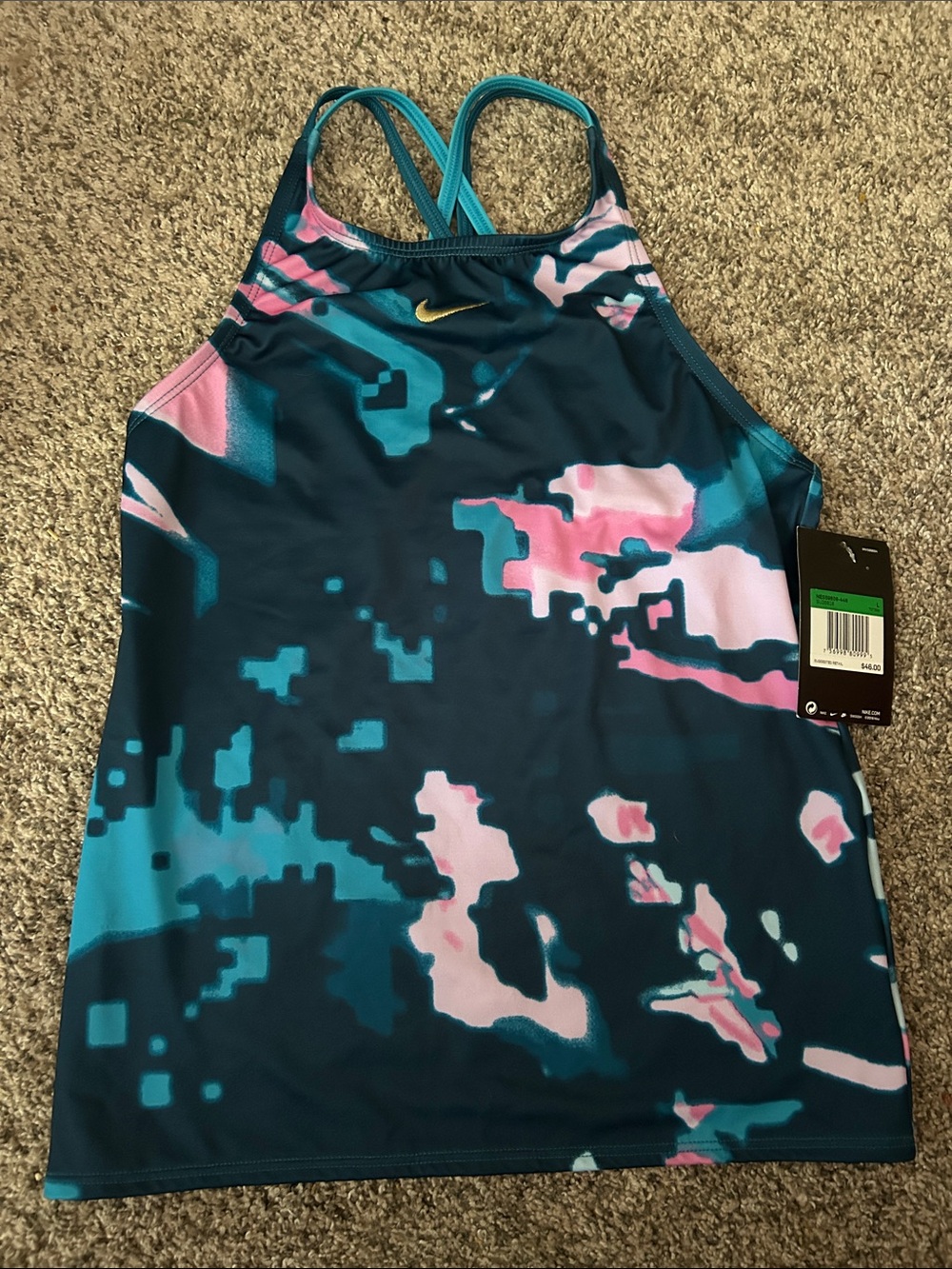 Nike Girls Teal, Pink & Dark Blue Digital-Print One-Piece Swim Tank 15 PTP